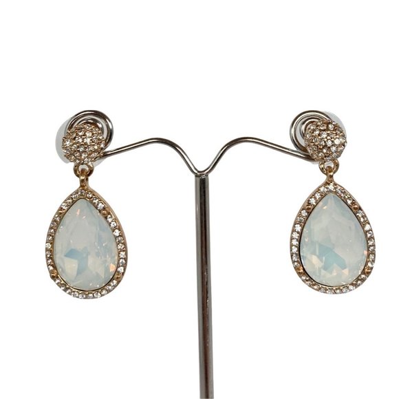 Gold Tone Round Crystal Studded Post Earrings with Teardrop Dangle Earrings - Picture 2 of 5